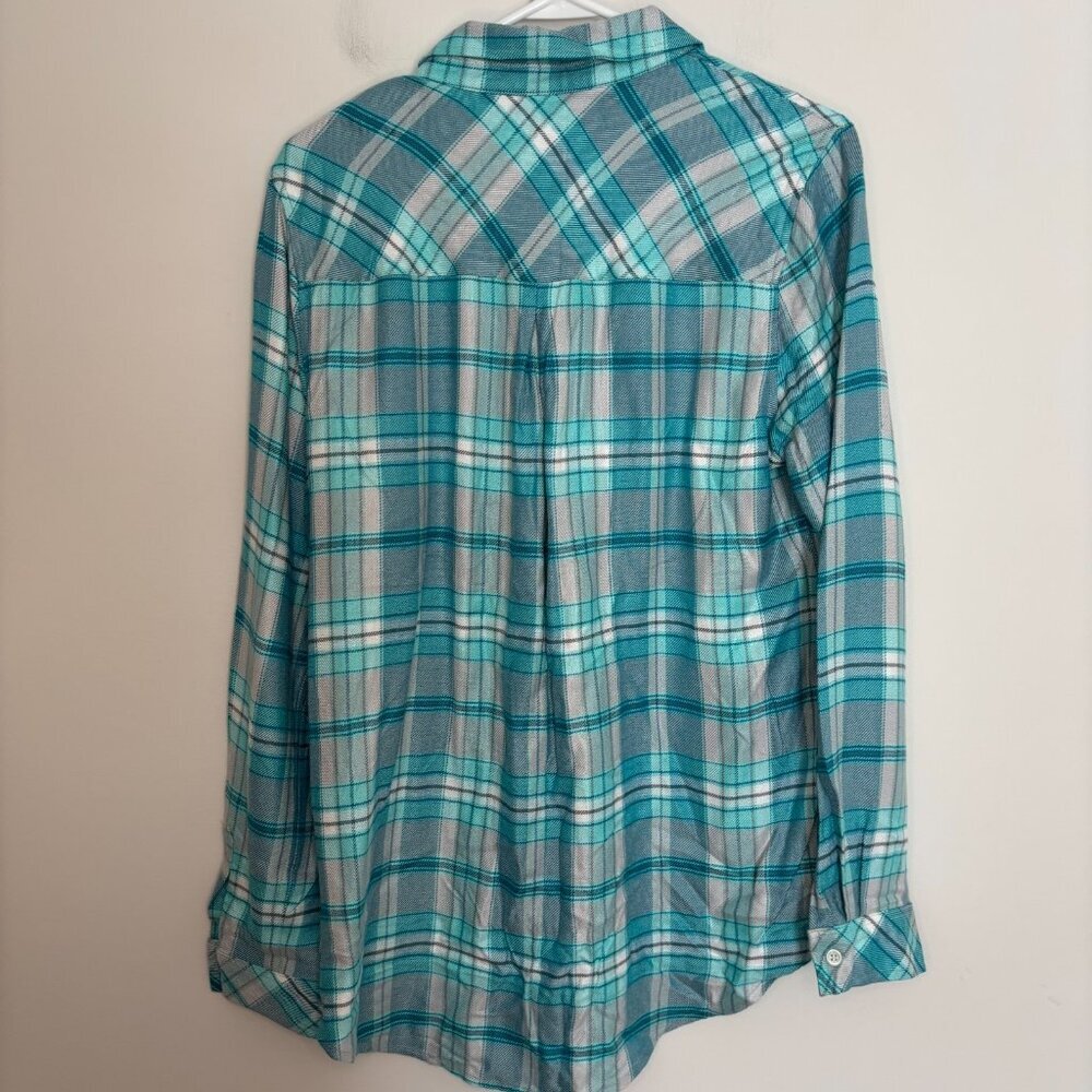 CHRISTOPHER & BANKS NEW Teal Plaid Flannel Womens M Collared Long Sleeve Rayon - Picture 2 of 7